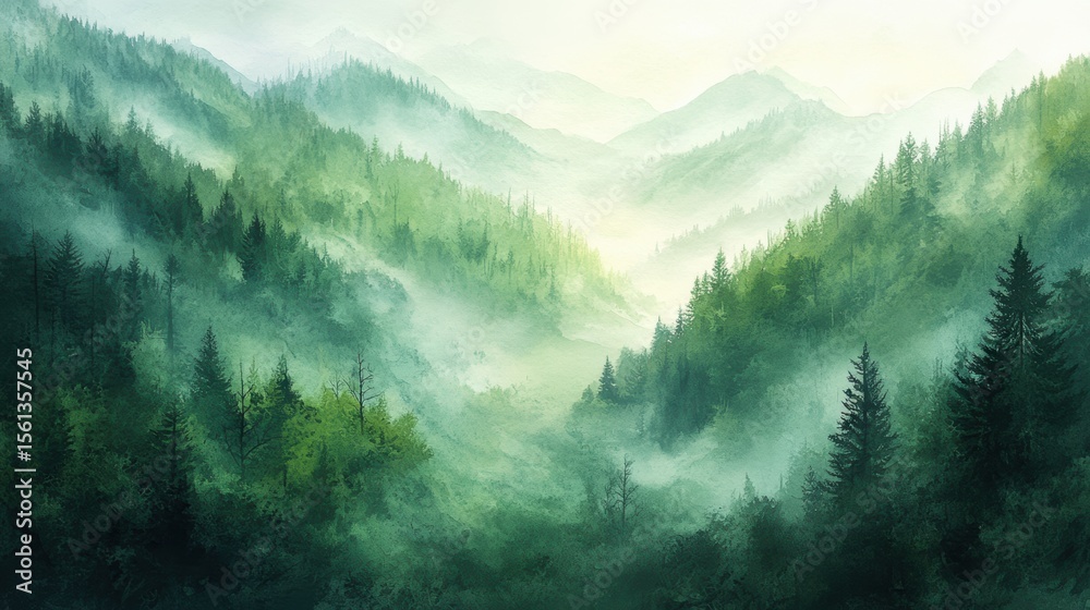 Obraz premium Watercolor of landscape forest misty mountains horizon and fog and hills,pine tree fir tree,Autumn forest background,drawn by hand,Autumn illustration design elements for landscape,wallpaper.