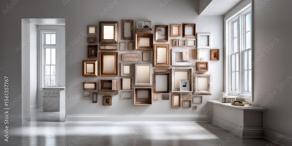 Fototapeta premium Elegant wall display of wooden picture frames in bright minimalist room
