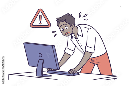 Warning Overload: A depiction of a person stressed by a computer issue, with an exclamation point to create tension