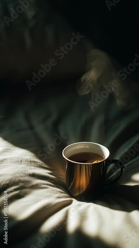 Zoom in on a steaming cup of fresh made coffee on a cozy bed in morning rays of light
