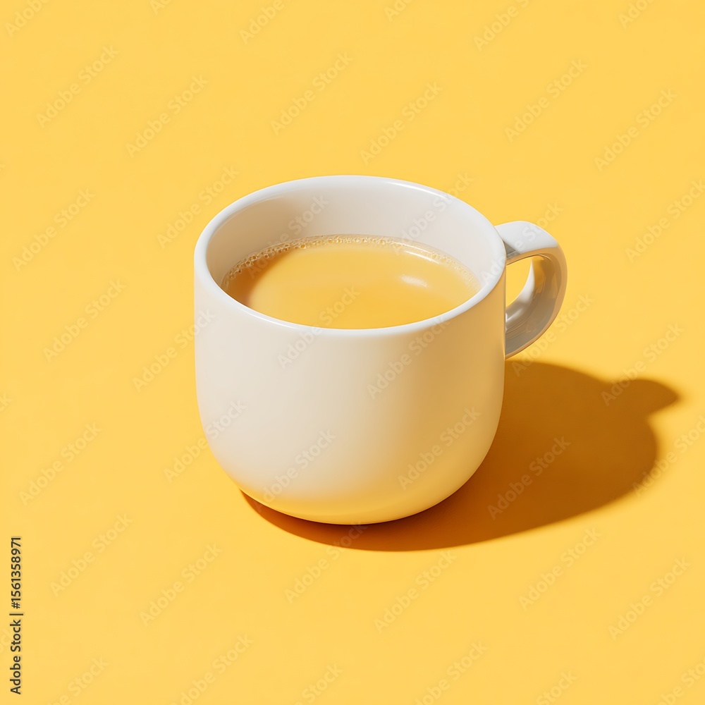 White cup of light beige liquid on yellow background White cup of light beige liquid on yellow background