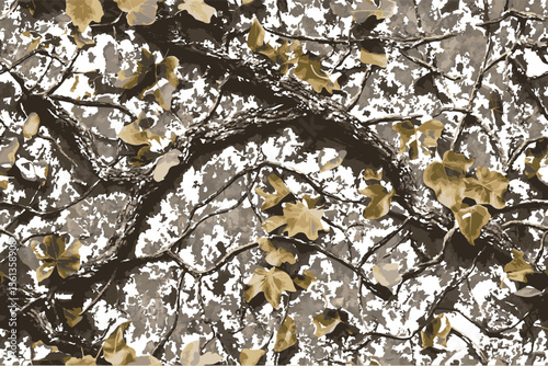 A seamless pattern of camouflage with leaves and branches, realistic, highly detailed, hyper-realistic, highly detailed. Good for  military and outdoor activities.