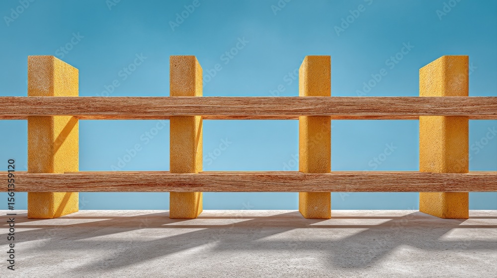 Obraz premium A vibrant wooden fence with a modern design against a clear blue sky, showcasing unique textures and patterns that enhance outdoor aesthetics.