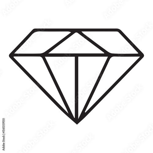 Simple black outline of a diamond gemstone with clean geometric facets and a sharp point on a white background