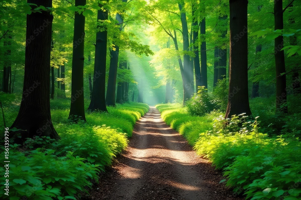 Obraz premium Tranquil Forest Path Sunlight Dapples Leaves on a Gentle Winding Trail, Perfect for Nature, Travel, and Serenity Themes. Explore Peaceful Summer or Autumn Scenery.