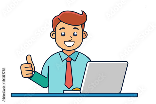 Thumbs Up to Success: A happy individual, exuding confidence, provides a thumbs-up gesture of approval, sitting at a desk, and working on laptop. Illustrating achievement and affirmation. 