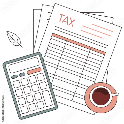 Illustration of tax documents with calculator, leaf and a cup of coffee on a white background scene view