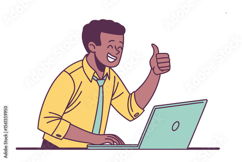 Optimistic Professional: A joyful individual in professional attire offers a thumbs-up, embodying satisfaction and accomplishment, highlighting a modern workplace with a laptop.