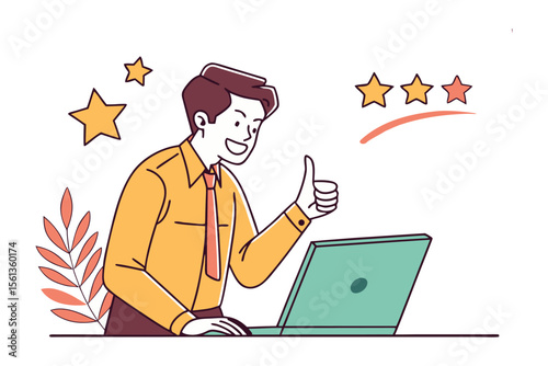 Client Review: A joyful individual, basking in the positive impact, offers a thumbs-up, surrounded by gleaming star ratings and working on a laptop.