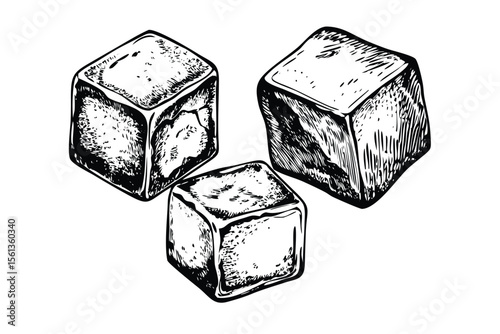 Ice Cubes Vector Engraving Set. Detailed Monochrome Drink & Beverage Illustrations. Vintage Stipple & Hatching Style Icons & Symbols