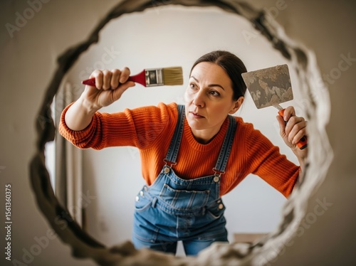 Young woman in denim overalls poses confidently through torn wall holding paintbrush and spatula, preparing for apartment renovation and interior upgrade