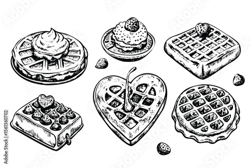 Waffles Vector Engraving Set. Detailed Monochrome Dessert & Breakfast Illustrations. Vintage Stipple & Hatching Style Icons & Symbols