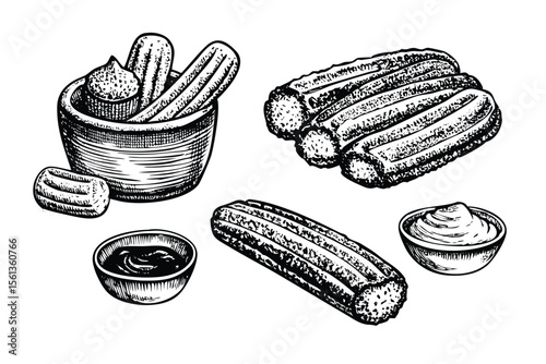 Churros Vector Engraving Set. Detailed Monochrome Dessert Illustrations. Vintage Stipple & Hatching Style Icons & Symbols