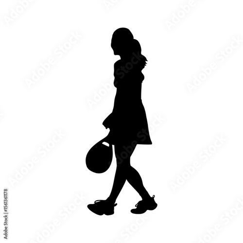Walking Female Padel Player Silhouette, Relaxed Padel Woman with Racket