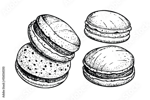 Macarons Vector Engraving Set. Detailed Monochrome French Dessert Illustrations. Vintage Stipple & Hatching Style Icons & Symbols