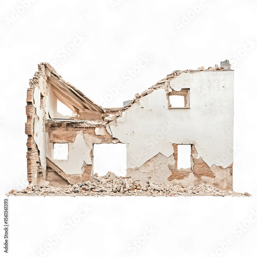 A partially collapsed brick and plaster building with gaping window openings and debris scattered at its base isolated on transparent background
