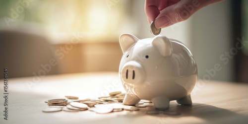 The hand placing a coin into a piggy bank representing personal savings and financial growth.