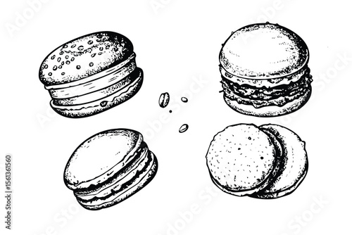 Macarons Vector Engraving Set. Detailed Monochrome French Dessert Illustrations. Vintage Stipple & Hatching Style Icons & Symbols