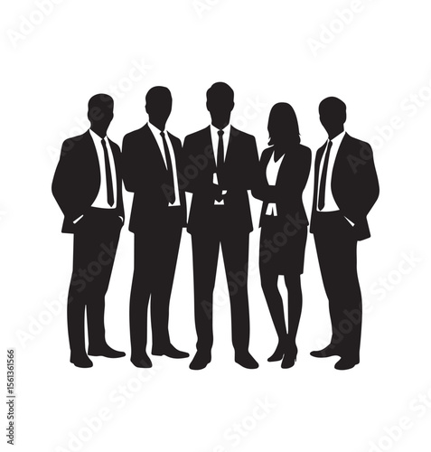 Group of standing business men and women team work silhouette design