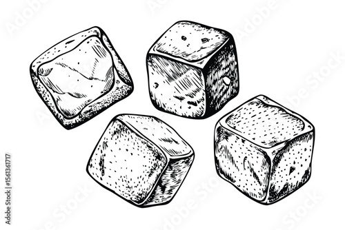 Ice Cubes Vector Engraving Set. Detailed Monochrome Drink & Beverage Illustrations. Vintage Stipple & Hatching Style Icons & Symbols