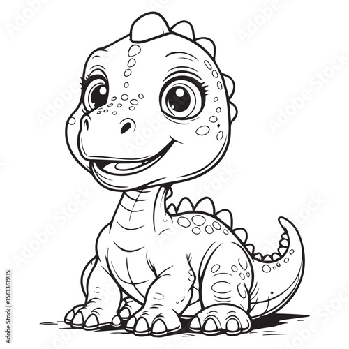 Adorable cartoon baby dinosaur sitting and smiling with large eyes and a happy expression in black and white outline style