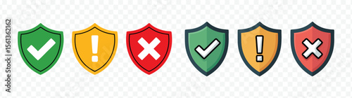 Security Shield Icons with Check, Exclamation, and X Marks - Safety and Protection Symbols