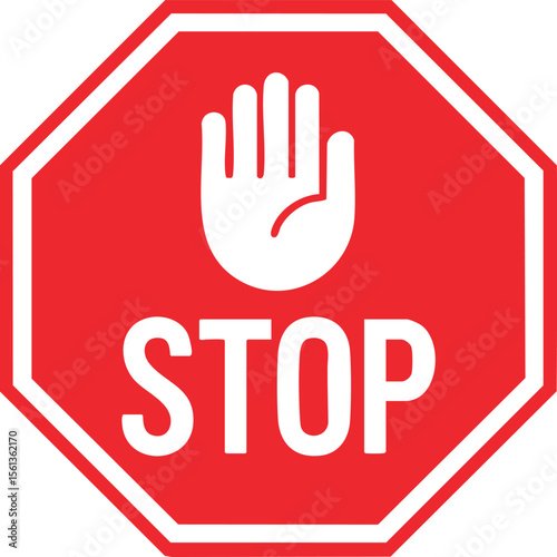 Red Octagonal Stop Traffic Sign With White Hand Symbol For Roadway Safety Regulation Vehicle Control Caution And Driver Warning


