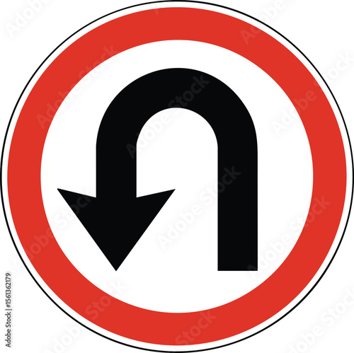 No U Turn Traffic Sign With Red Circular Border And Black Arrow Symbol For Roadway Safety Regulation Vehicle Direction Control

