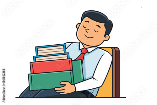 Reading Joy: A studious figure reclines in a comfortable chair, holding a stack of colorful books close, showcasing the deep joy and contentment found in the pursuit of knowledge and reading.