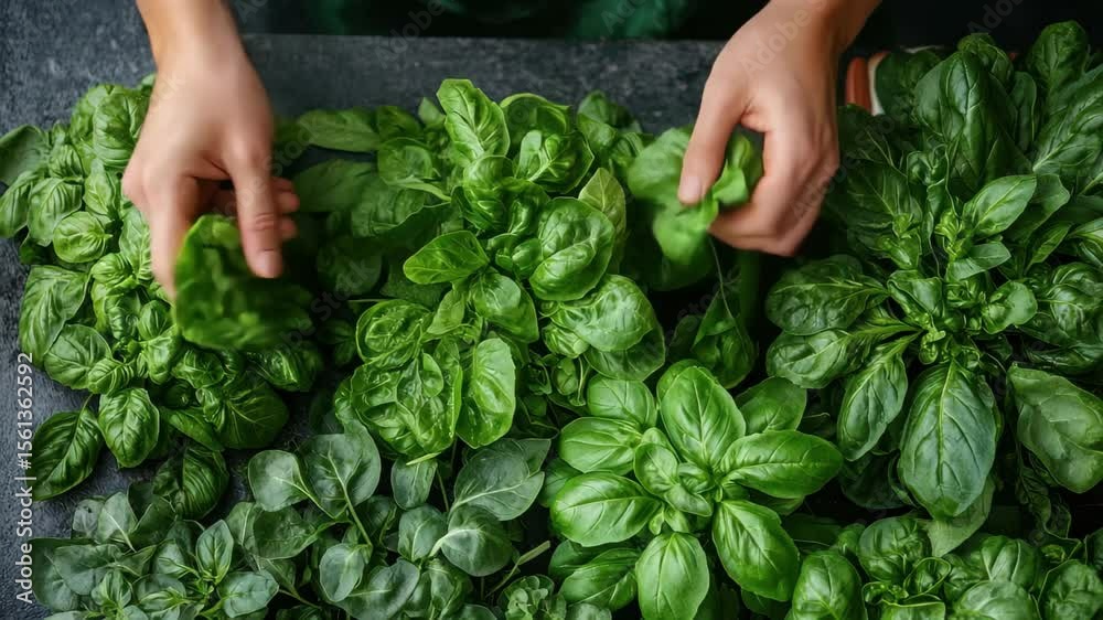 Fresh herbs are being harvested from a vibrant garden in a home setting during daylight hours