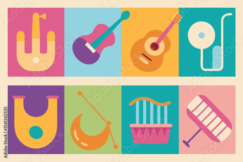 Colorful flat illustrations of various musical instruments in a grid layout