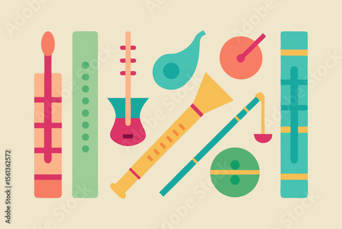 Collection of stylized wind and string musical instruments in flat design
