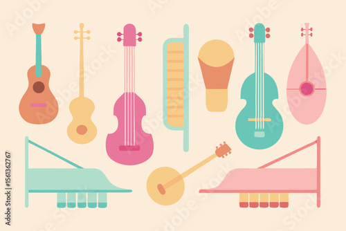 A vibrant collection of stylized musical instruments in pastel colors