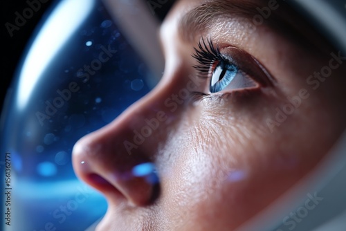 Close-up of female astronaut in space helmet gazing at universe
