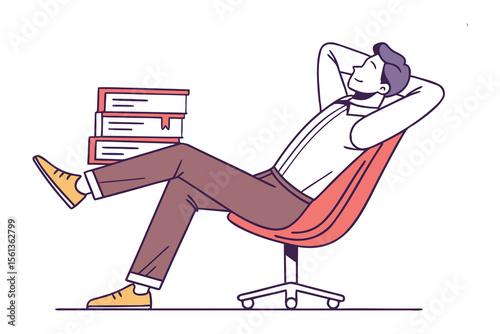 Illustration of Relaxed Reading: A relaxed figure leans back in a chair with book stack, contentedly lost in thought or immersed in the pages of literature.