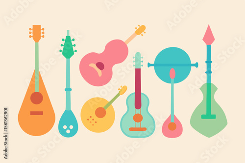 A colorful assortment of stylized musical instruments in flat design