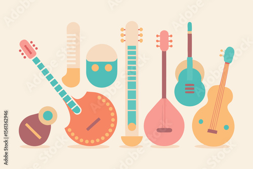 A colorful collection of stylized musical instruments in a flat design