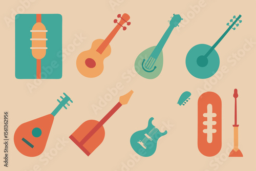 A collection of stylized musical instruments in retro colors