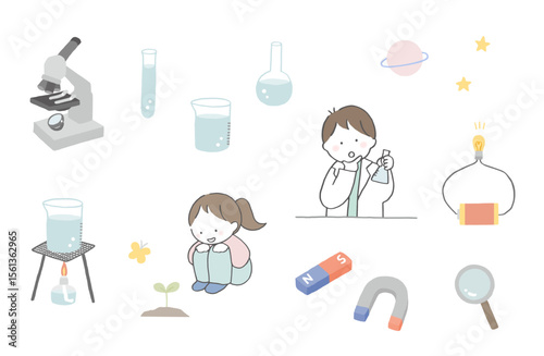 学校で理科の勉強をする子どもたち　素材セット
