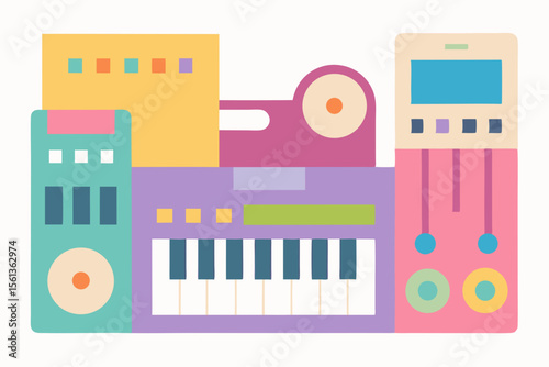 Colorful abstract illustration of music production equipment and instruments