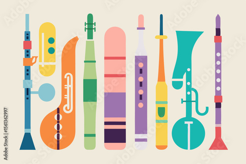 A colorful collection of stylized musical instruments arranged in a row
