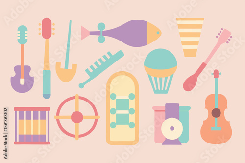 A collection of colorful flat design icons featuring musical instruments and toys