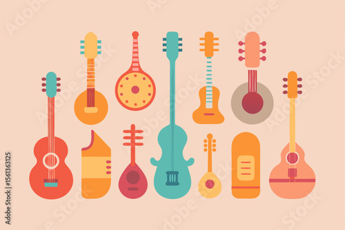 A colorful assortment of stringed musical instruments in a flat design