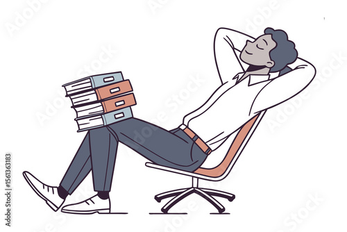 Relaxation Amidst the Files: A person finds a moment of respite while resting on the desk, with stacked files nearby, exuding a sense of tranquility and a balanced work life.
