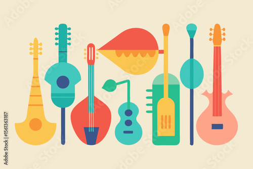 A colorful collection of stylized musical instruments in a flat design