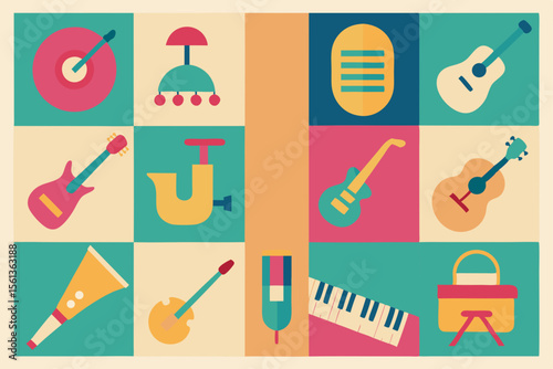 A colorful collage of vintage musical instruments and audio equipment