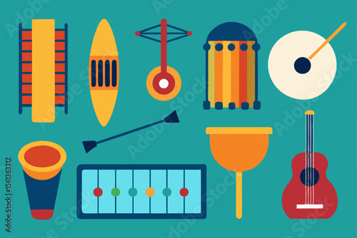 Collection of colorful musical instruments and percussion items in a flat design style