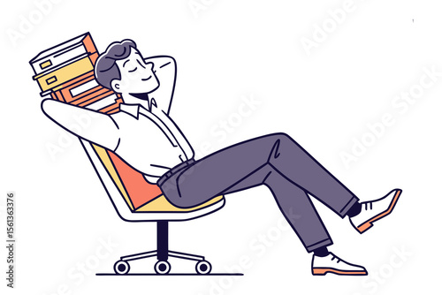 Relaxing on a Chair with Book Stack: A person relaxes in a chair with a stack of books, evoking a sense of relaxation and leisure. Perfect for illustrating downtime and rest.