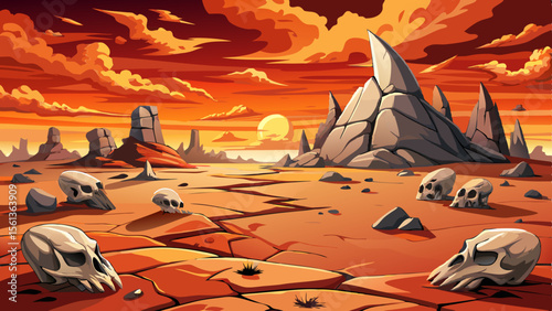 Cracked desert ground under harsh sunlight, featuring parched earth textures and scattered animal skulls, evoking a dramatic and desolate wilderness scene full of atmosphere.