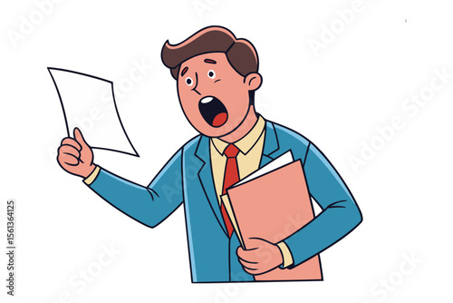 Business Shock and Surprise: Depicting an expressive businessman in a state of shock and surprise while holding document, against a clean, minimal backdrop.